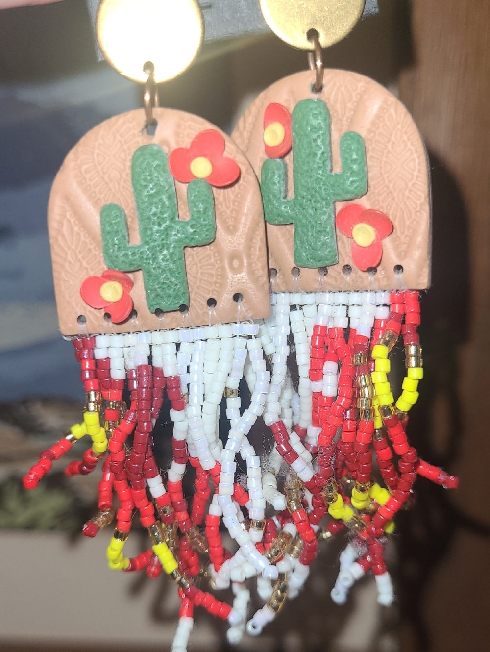 Handmade Cactus Beaded Fringe Earrings - Green, Red, White, Yellow